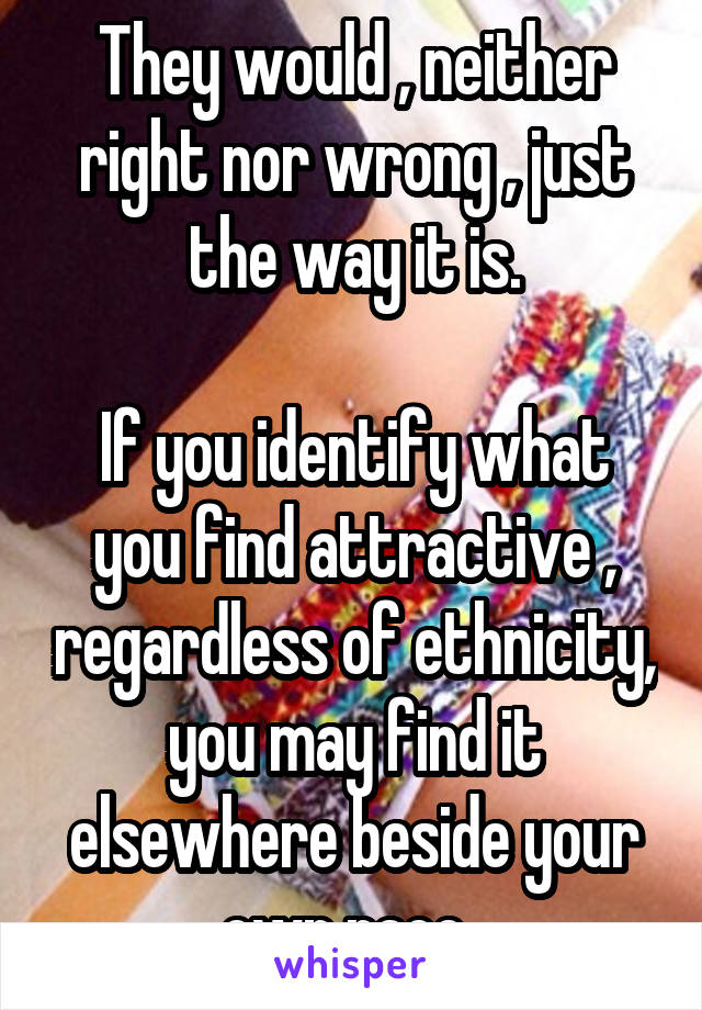 They would , neither right nor wrong , just the way it is.

If you identify what you find attractive , regardless of ethnicity, you may find it elsewhere beside your own race. 