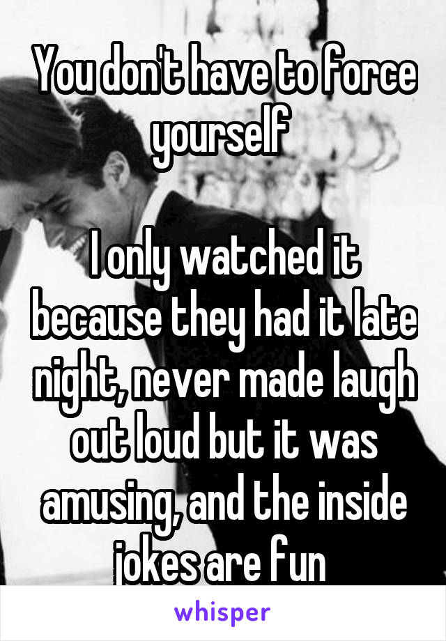 You don't have to force yourself 

I only watched it because they had it late night, never made laugh out loud but it was amusing, and the inside jokes are fun 