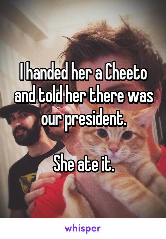 I handed her a Cheeto and told her there was our president.

She ate it.
