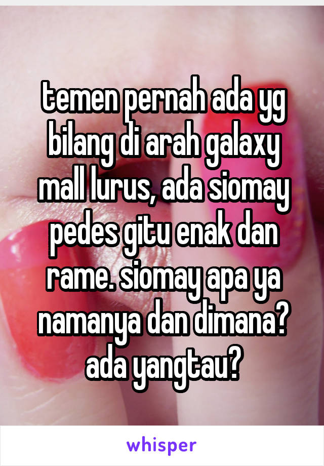 temen pernah ada yg bilang di arah galaxy mall lurus, ada siomay pedes gitu enak dan rame. siomay apa ya namanya dan dimana? ada yangtau?