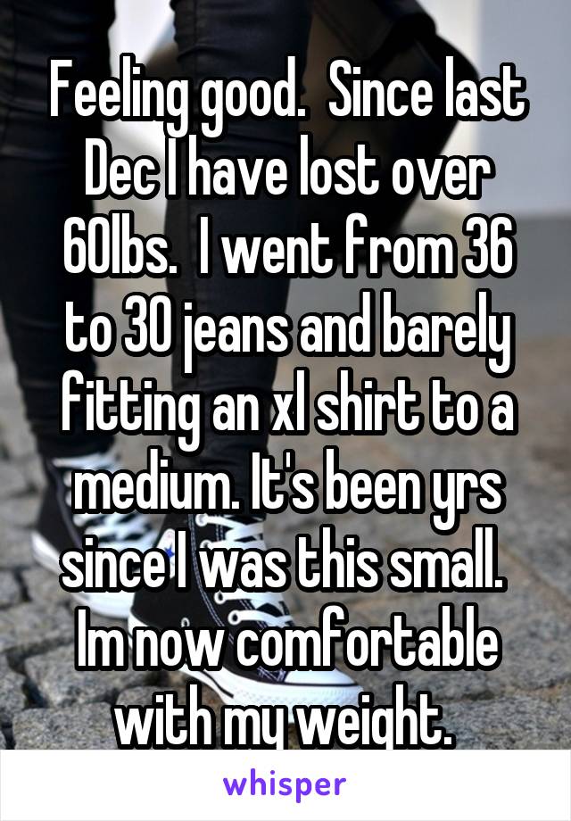 Feeling good.  Since last Dec I have lost over 60lbs.  I went from 36 to 30 jeans and barely fitting an xl shirt to a medium. It's been yrs since I was this small.  Im now comfortable with my weight. 