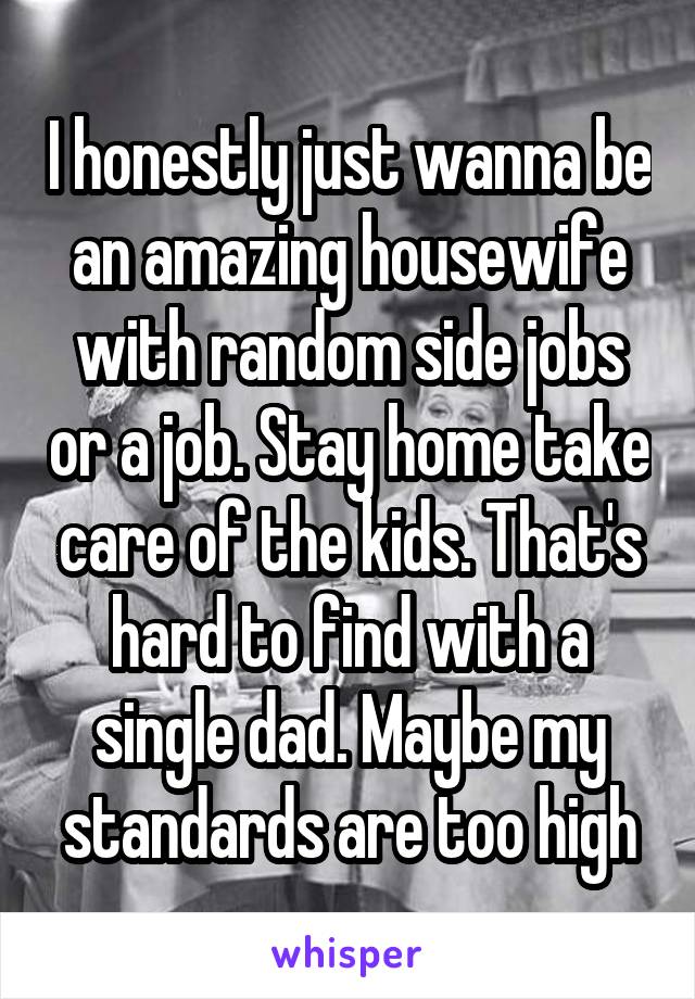 I honestly just wanna be an amazing housewife with random side jobs or a job. Stay home take care of the kids. That's hard to find with a single dad. Maybe my standards are too high