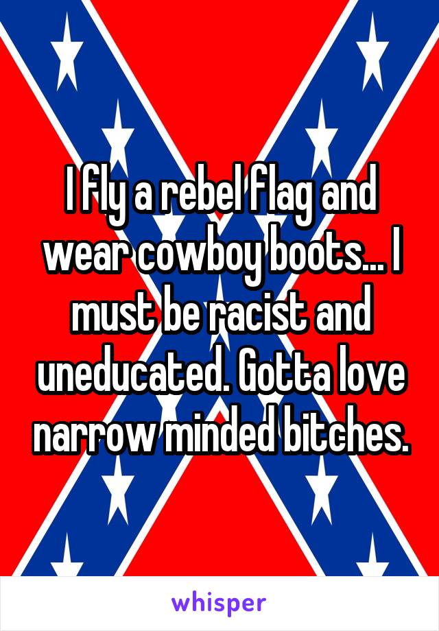 I fly a rebel flag and wear cowboy boots... I must be racist and uneducated. Gotta love narrow minded bitches.