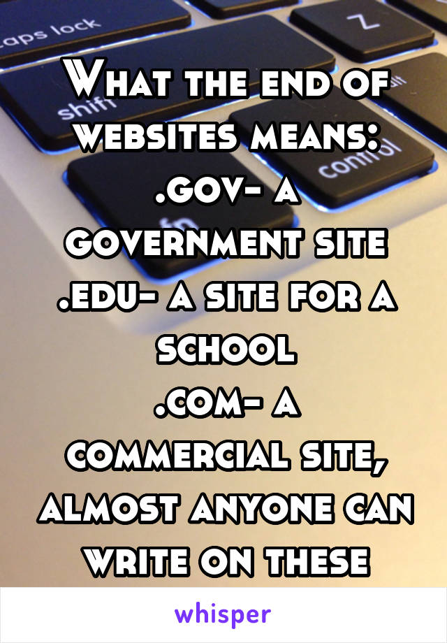 What the end of websites means:
.gov- a government site
.edu- a site for a school
.com- a commercial site, almost anyone can write on these