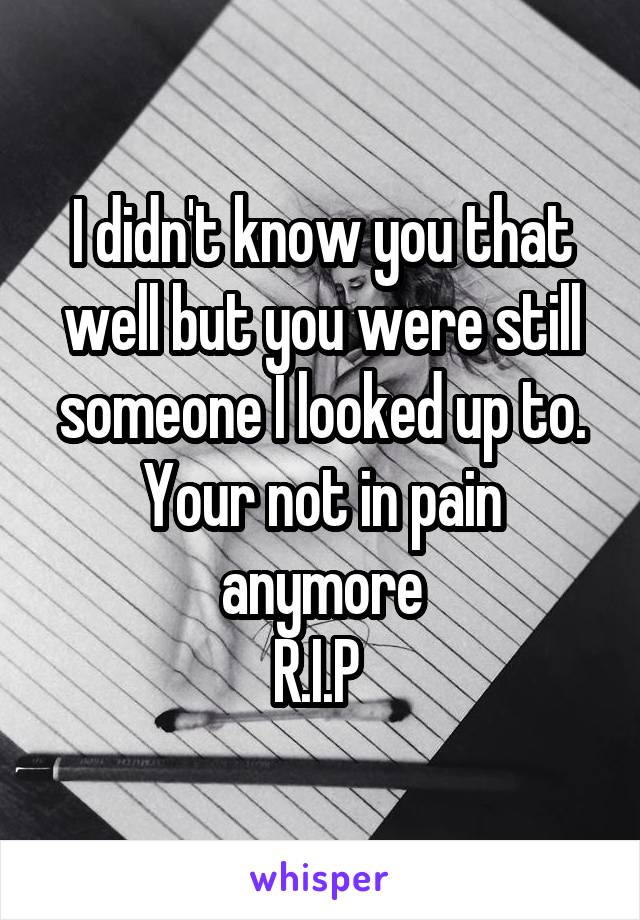 I didn't know you that well but you were still someone I looked up to.
Your not in pain anymore
R.I.P 