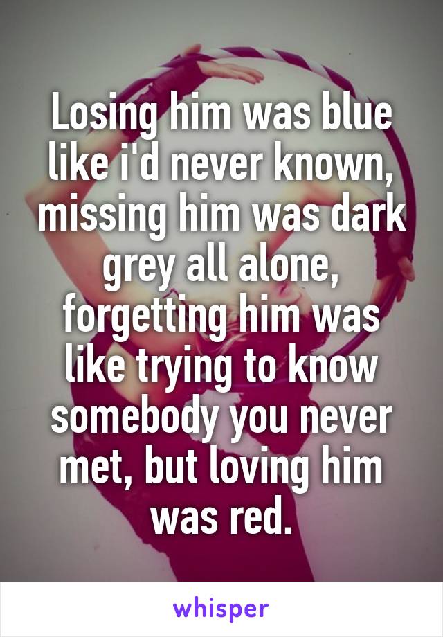 Losing him was blue like i'd never known, missing him was dark grey all alone, forgetting him was like trying to know somebody you never met, but loving him was red.