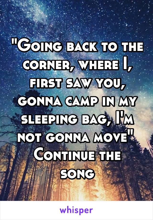 "Going back to the corner, where I, first saw you, gonna camp in my sleeping bag, I'm not gonna move" 
Continue the song