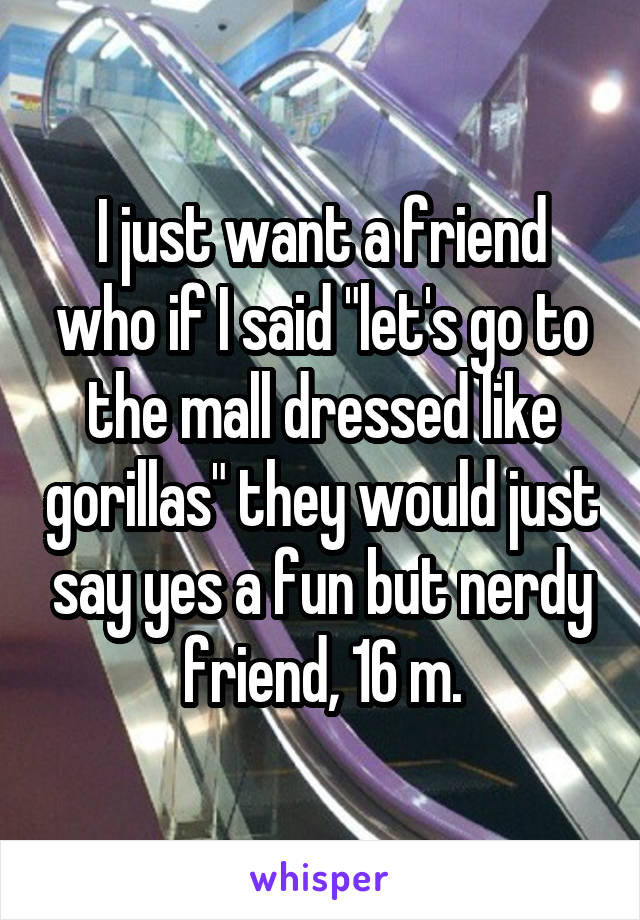 I just want a friend who if I said "let's go to the mall dressed like gorillas" they would just say yes a fun but nerdy friend, 16 m.