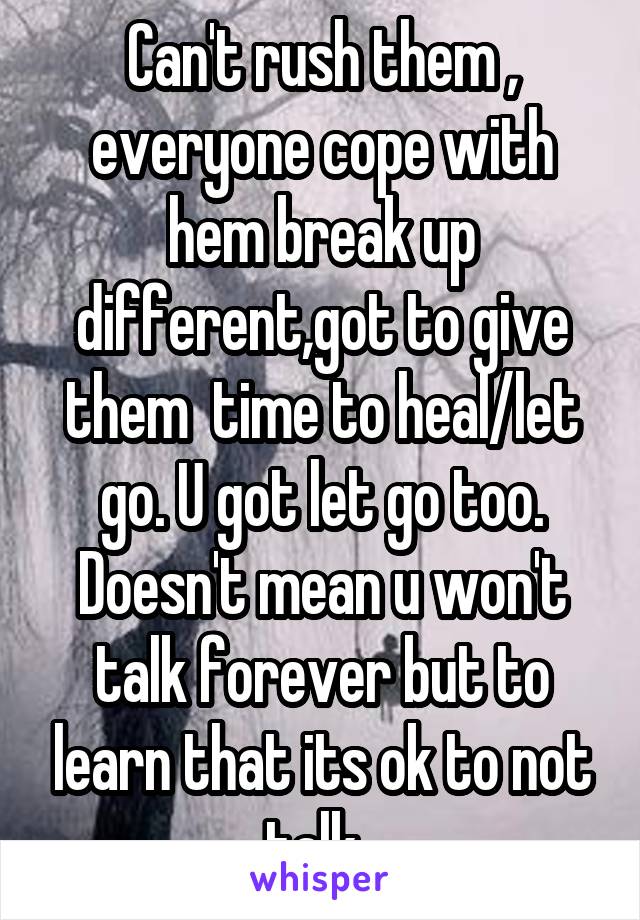 Can't rush them , everyone cope with hem break up different,got to give them  time to heal/let go. U got let go too. Doesn't mean u won't talk forever but to learn that its ok to not talk. 