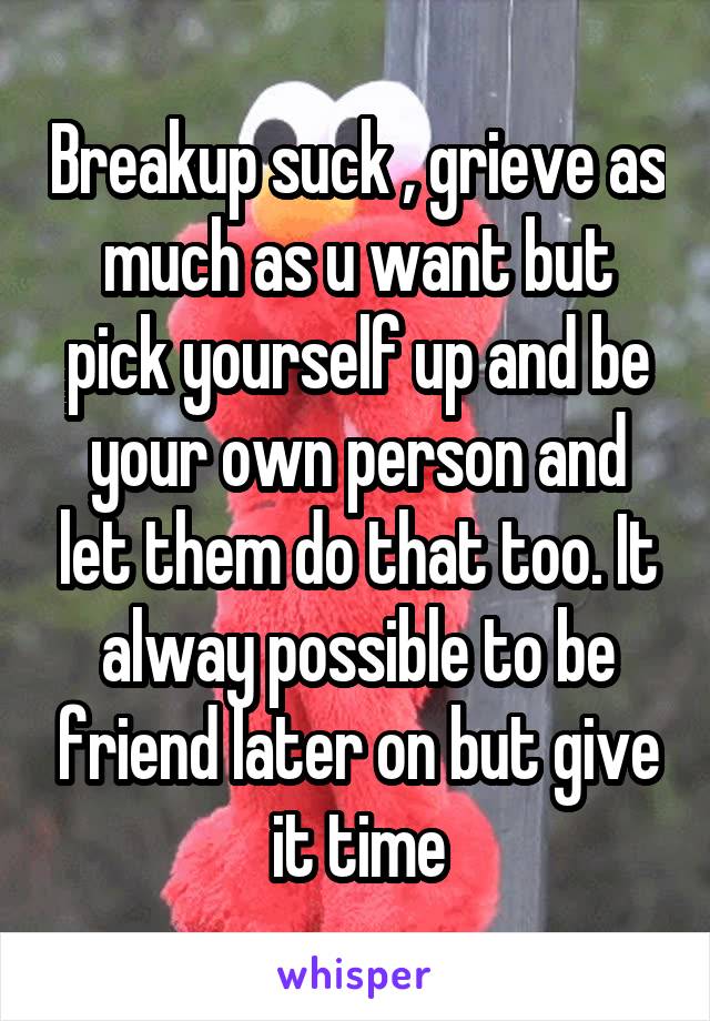 Breakup suck , grieve as much as u want but pick yourself up and be your own person and let them do that too. It alway possible to be friend later on but give it time