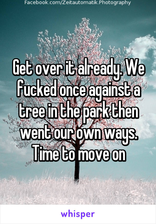 Get over it already. We fucked once against a tree in the park then went our own ways. Time to move on