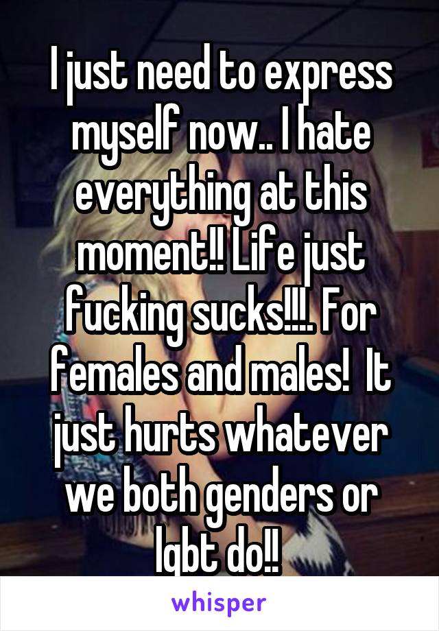 I just need to express myself now.. I hate everything at this moment!! Life just fucking sucks!!!. For females and males!  It just hurts whatever we both genders or lgbt do!! 