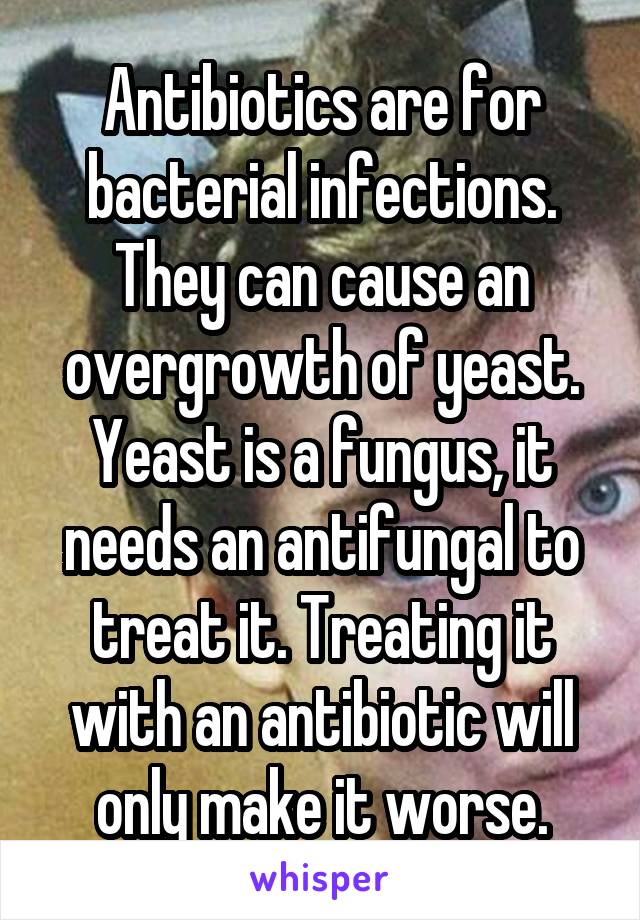 Antibiotics are for bacterial infections. They can cause an overgrowth of yeast. Yeast is a fungus, it needs an antifungal to treat it. Treating it with an antibiotic will only make it worse.