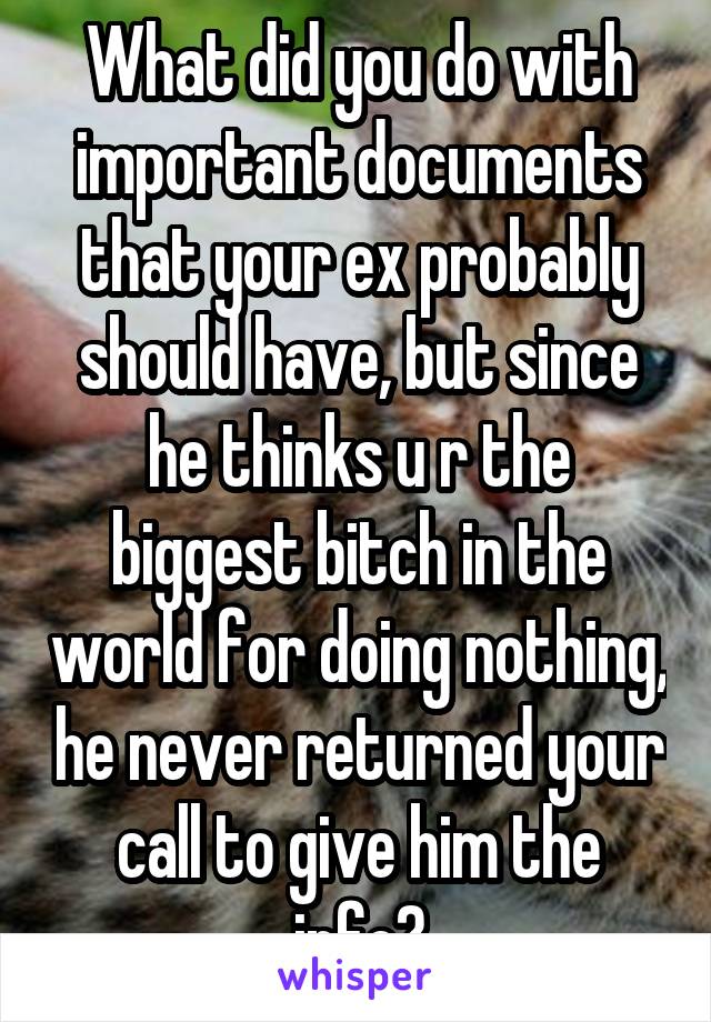 What did you do with important documents that your ex probably should have, but since he thinks u r the biggest bitch in the world for doing nothing, he never returned your call to give him the info?