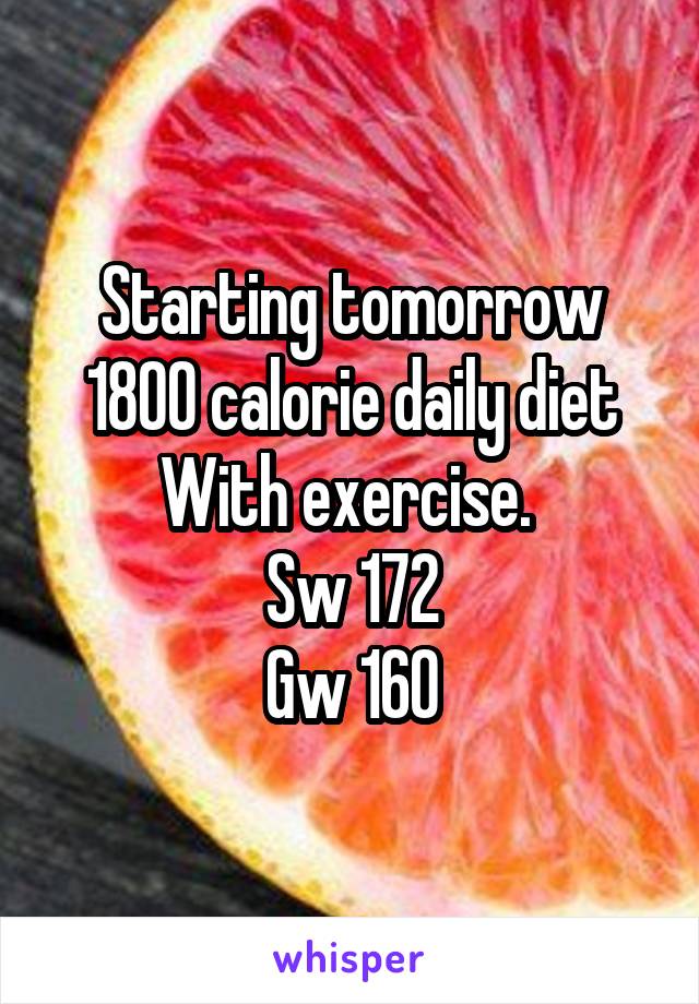 Starting tomorrow 1800 calorie daily diet With exercise. 
Sw 172
Gw 160