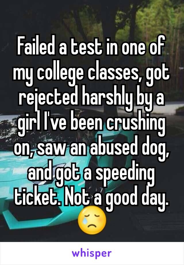 Failed a test in one of my college classes, got rejected harshly by a girl I've been crushing on, saw an abused dog, and got a speeding ticket. Not a good day.😢