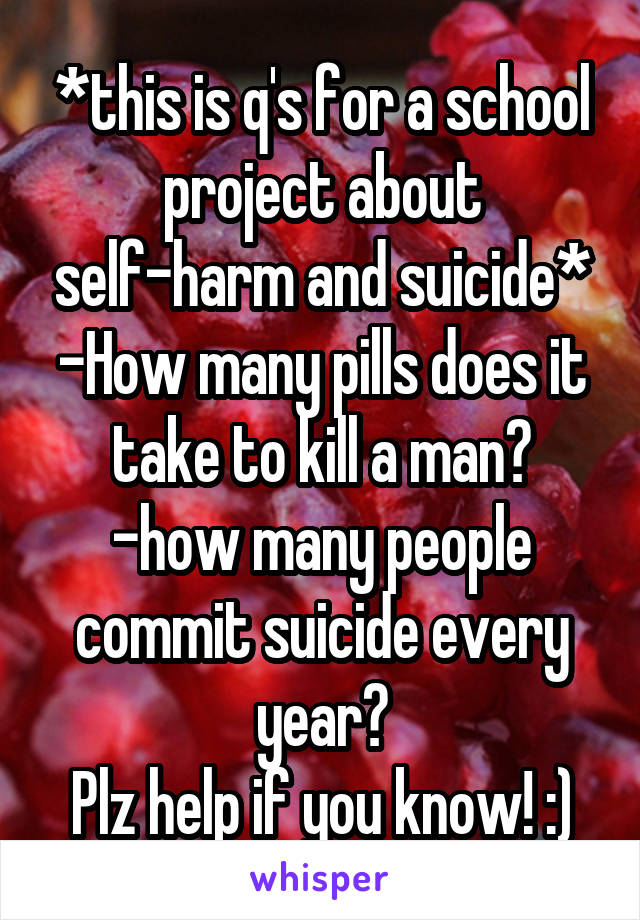 *this is q's for a school project about self-harm and suicide*
-How many pills does it take to kill a man?
-how many people commit suicide every year?
Plz help if you know! :)