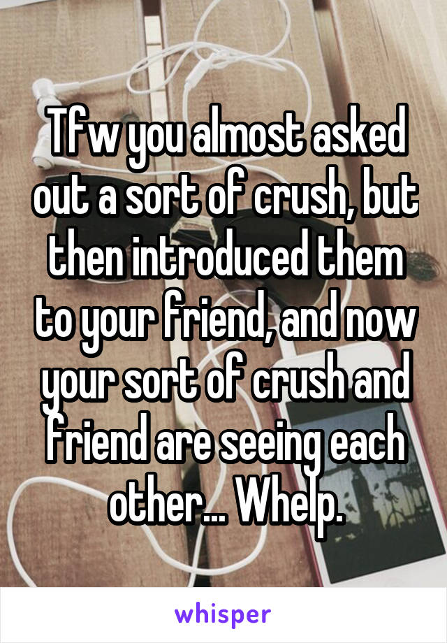 Tfw you almost asked out a sort of crush, but then introduced them to your friend, and now your sort of crush and friend are seeing each other... Whelp.