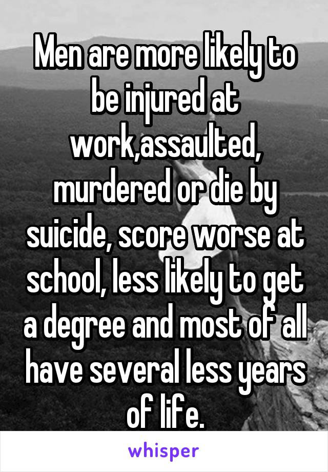 Men are more likely to be injured at work,assaulted, murdered or die by suicide, score worse at school, less likely to get a degree and most of all have several less years of life.