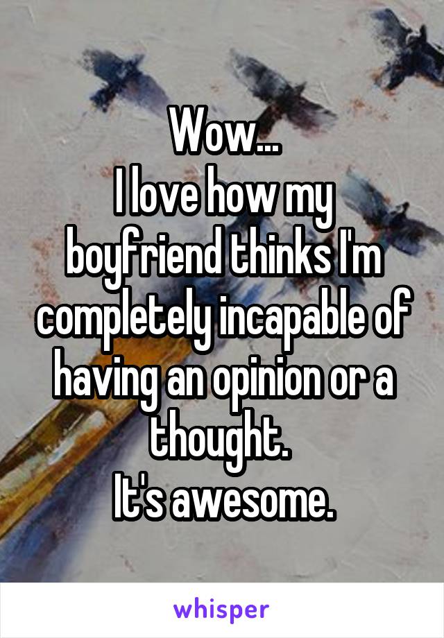 Wow...
I love how my boyfriend thinks I'm completely incapable of having an opinion or a thought. 
It's awesome.