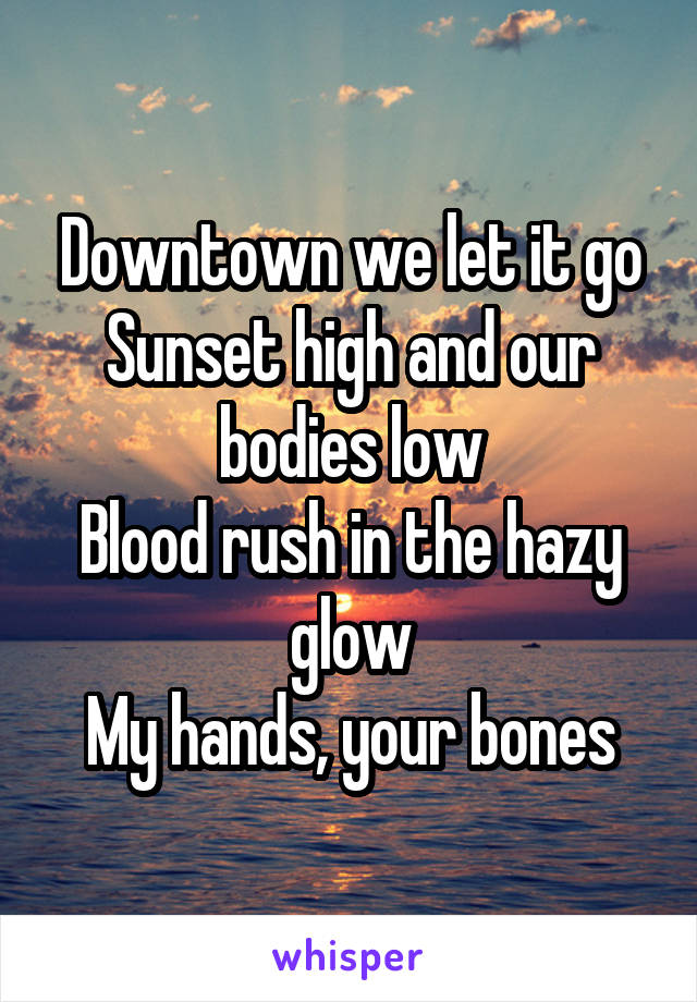 Downtown we let it go
Sunset high and our bodies low
Blood rush in the hazy glow
My hands, your bones