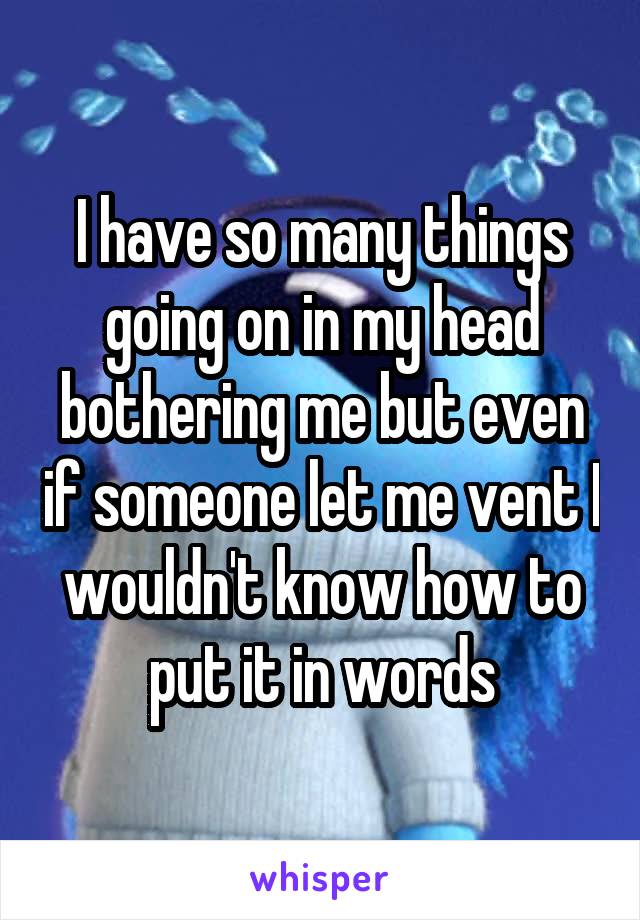 I have so many things going on in my head bothering me but even if someone let me vent I wouldn't know how to put it in words