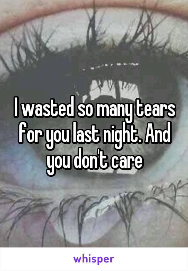 I wasted so many tears for you last night. And you don't care