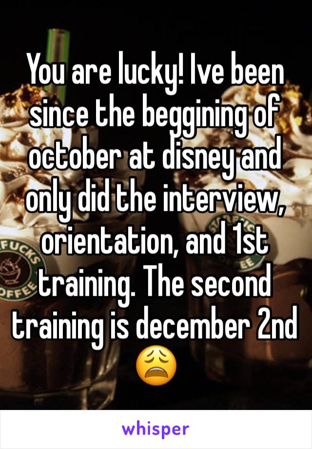 You are lucky! Ive been since the beggining of october at disney and only did the interview, orientation, and 1st training. The second training is december 2nd 😩