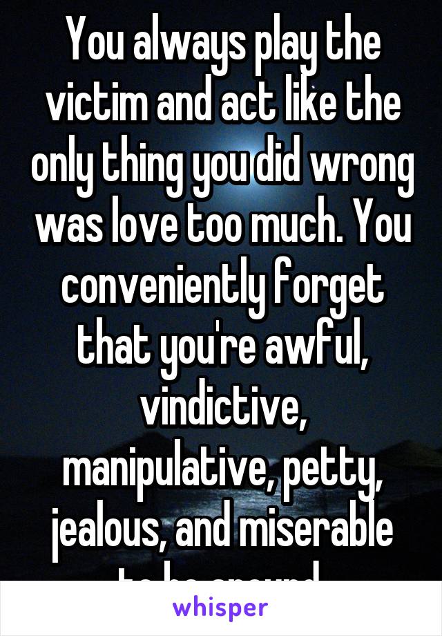 You always play the victim and act like the only thing you did wrong was love too much. You conveniently forget that you're awful, vindictive, manipulative, petty, jealous, and miserable to be around.