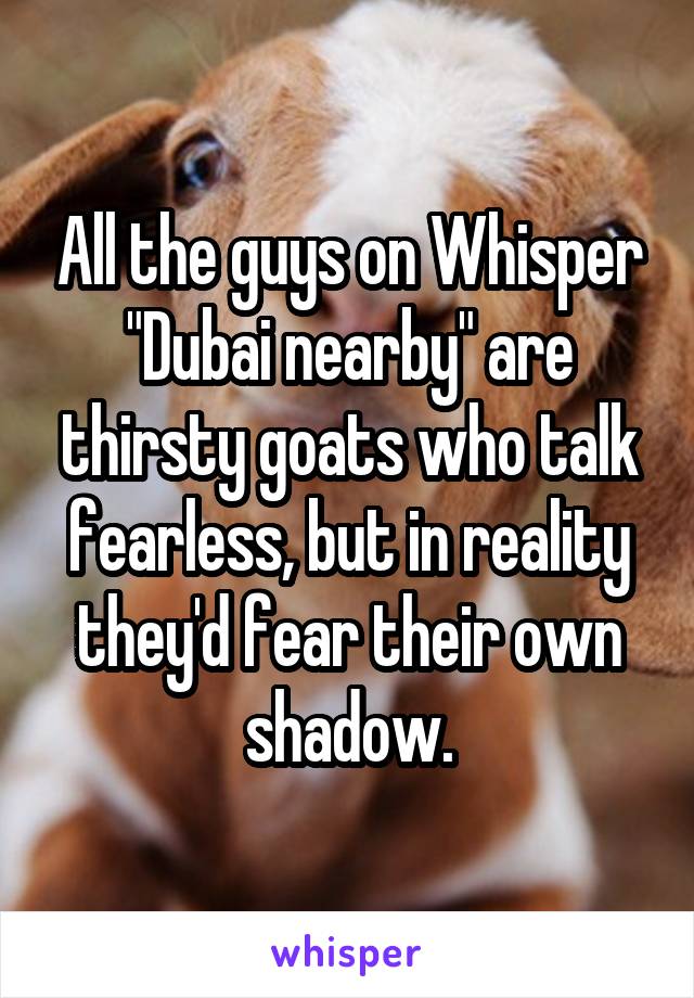 All the guys on Whisper "Dubai nearby" are thirsty goats who talk fearless, but in reality they'd fear their own shadow.