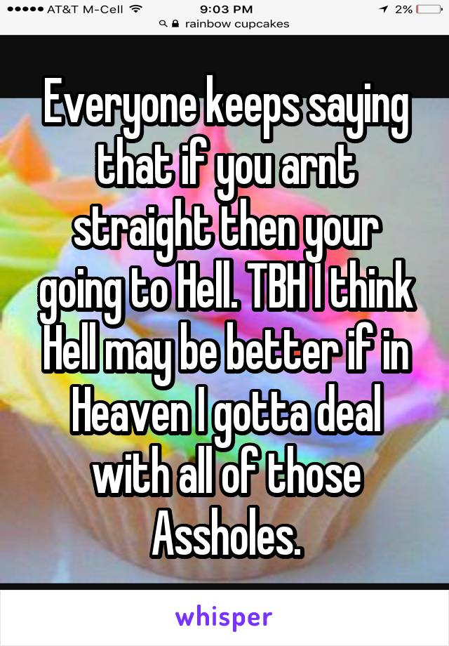 Everyone keeps saying that if you arnt straight then your going to Hell. TBH I think Hell may be better if in Heaven I gotta deal with all of those Assholes.