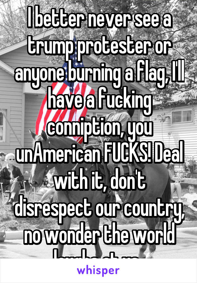 I better never see a trump protester or anyone burning a flag, I'll have a fucking conniption, you unAmerican FUCKS! Deal with it, don't disrespect our country, no wonder the world laughs at us. 