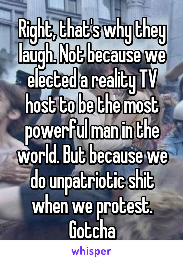 Right, that's why they laugh. Not because we elected a reality TV host to be the most powerful man in the world. But because we do unpatriotic shit when we protest. Gotcha