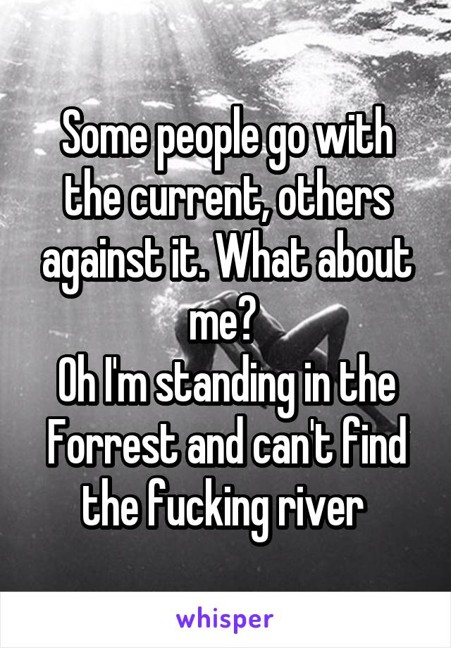 Some people go with the current, others against it. What about me? 
Oh I'm standing in the Forrest and can't find the fucking river 