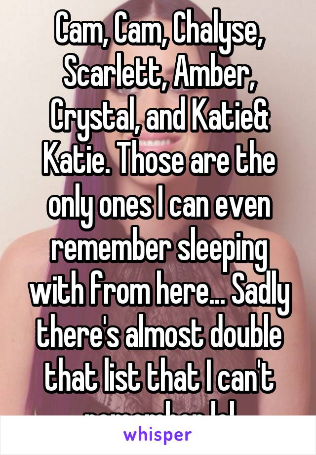 Cam, Cam, Chalyse, Scarlett, Amber, Crystal, and Katie& Katie. Those are the only ones I can even remember sleeping with from here... Sadly there's almost double that list that I can't remember lol