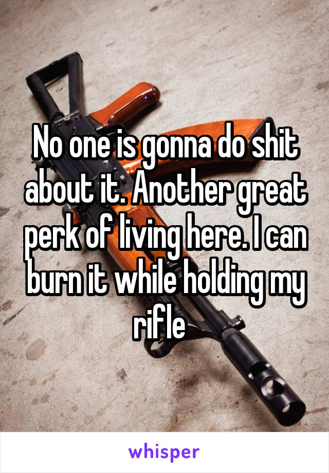 No one is gonna do shit about it. Another great perk of living here. I can burn it while holding my rifle  