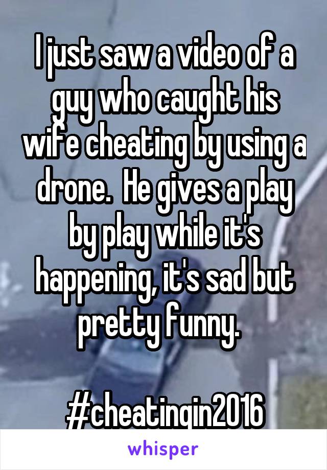 I just saw a video of a guy who caught his wife cheating by using a drone.  He gives a play by play while it's happening, it's sad but pretty funny.  

#cheatingin2016