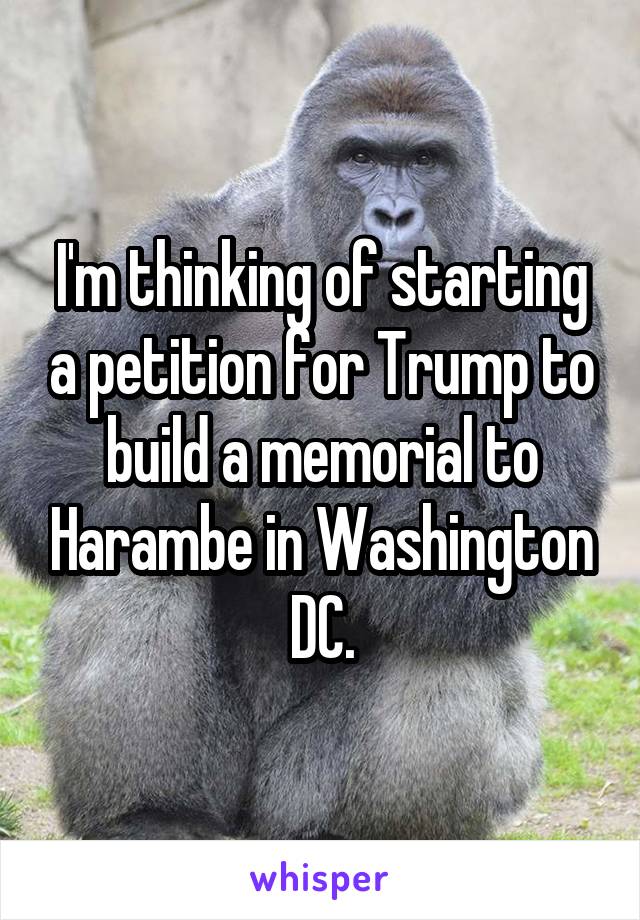 I'm thinking of starting a petition for Trump to build a memorial to Harambe in Washington DC.