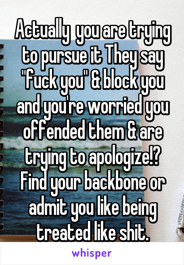 Actually  you are trying to pursue it They say "fuck you" & block you and you're worried you offended them & are trying to apologize!? Find your backbone or admit you like being treated like shit.