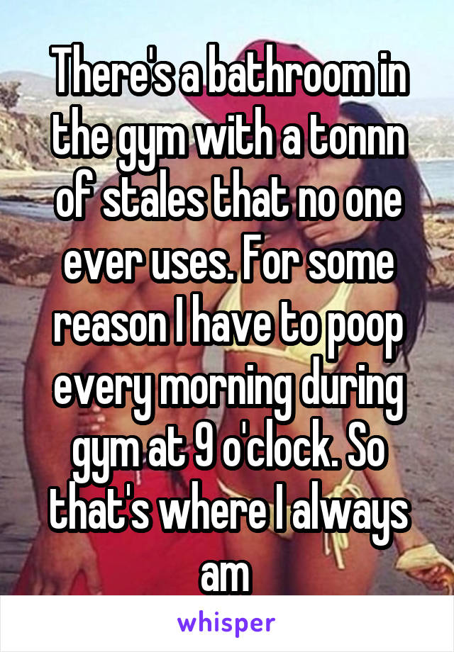 There's a bathroom in the gym with a tonnn of stales that no one ever uses. For some reason I have to poop every morning during gym at 9 o'clock. So that's where I always am 