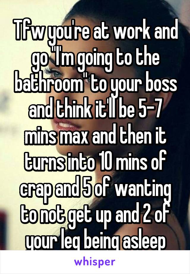 Tfw you're at work and go "I'm going to the bathroom" to your boss and think it'll be 5-7 mins max and then it turns into 10 mins of crap and 5 of wanting to not get up and 2 of your leg being asleep