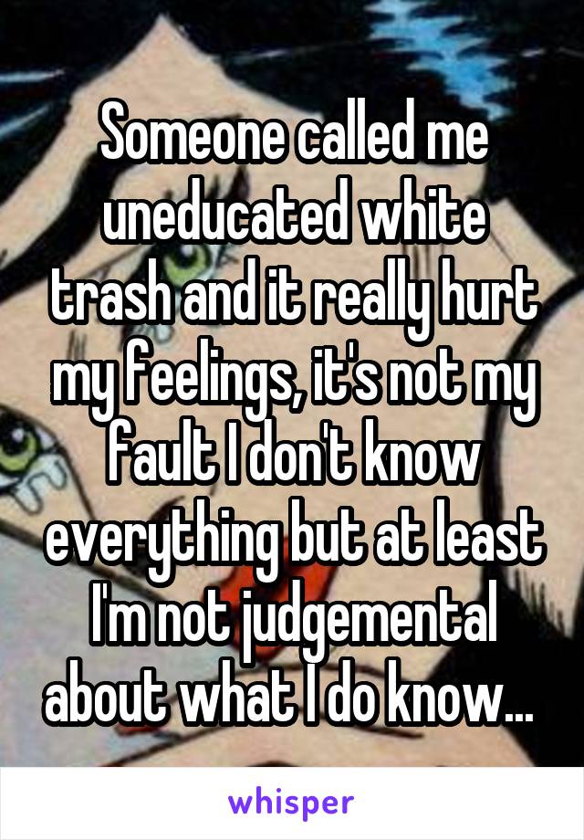 Someone called me uneducated white trash and it really hurt my feelings, it's not my fault I don't know everything but at least I'm not judgemental about what I do know... 