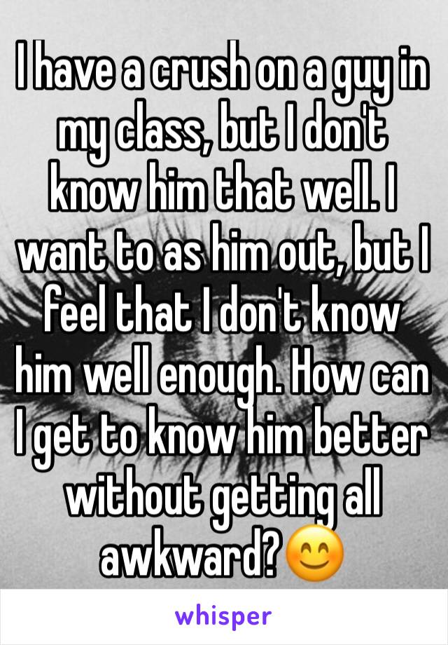 I have a crush on a guy in my class, but I don't know him that well. I want to as him out, but I feel that I don't know him well enough. How can I get to know him better without getting all awkward?😊