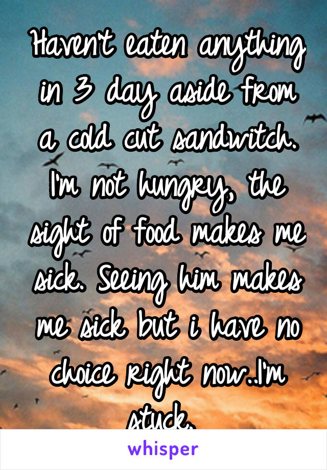 Haven't eaten anything in 3 day aside from a cold cut sandwitch. I'm not hungry, the sight of food makes me sick. Seeing him makes me sick but i have no choice right now..I'm stuck. 