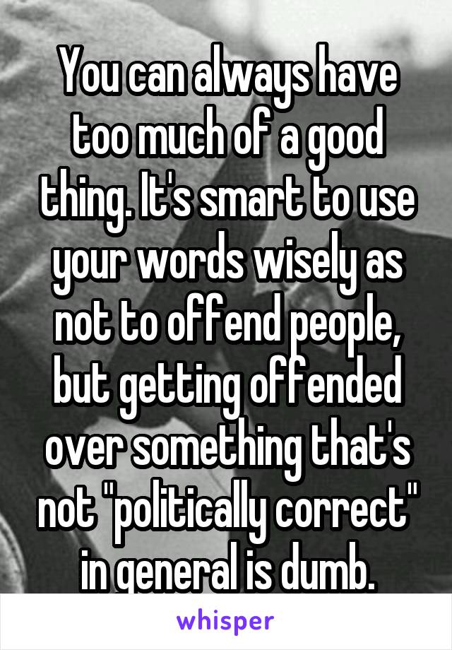 You can always have too much of a good thing. It's smart to use your words wisely as not to offend people, but getting offended over something that's not "politically correct" in general is dumb.