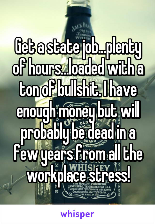 Get a state job...plenty of hours...loaded with a ton of bullshit. I have enough money but will probably be dead in a few years from all the workplace stress!