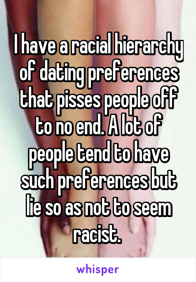 I have a racial hierarchy of dating preferences that pisses people off to no end. A lot of people tend to have such preferences but lie so as not to seem racist. 