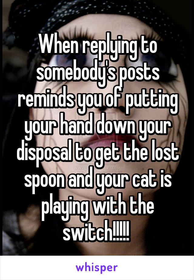 When replying to somebody's posts reminds you of putting your hand down your disposal to get the lost spoon and your cat is playing with the switch!!!!! 