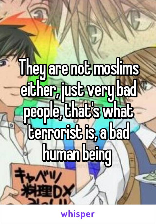 They are not moslims either, just very bad people, that's what terrorist is, a bad human being 