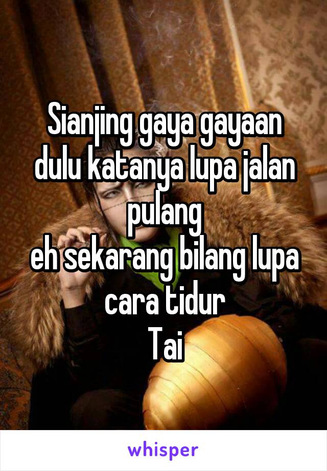 Sianjing gaya gayaan dulu katanya lupa jalan pulang
eh sekarang bilang lupa cara tidur
Tai